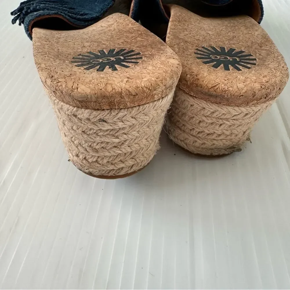 Ugg Dane suede fringe wedge espadrille sandals blue size 10